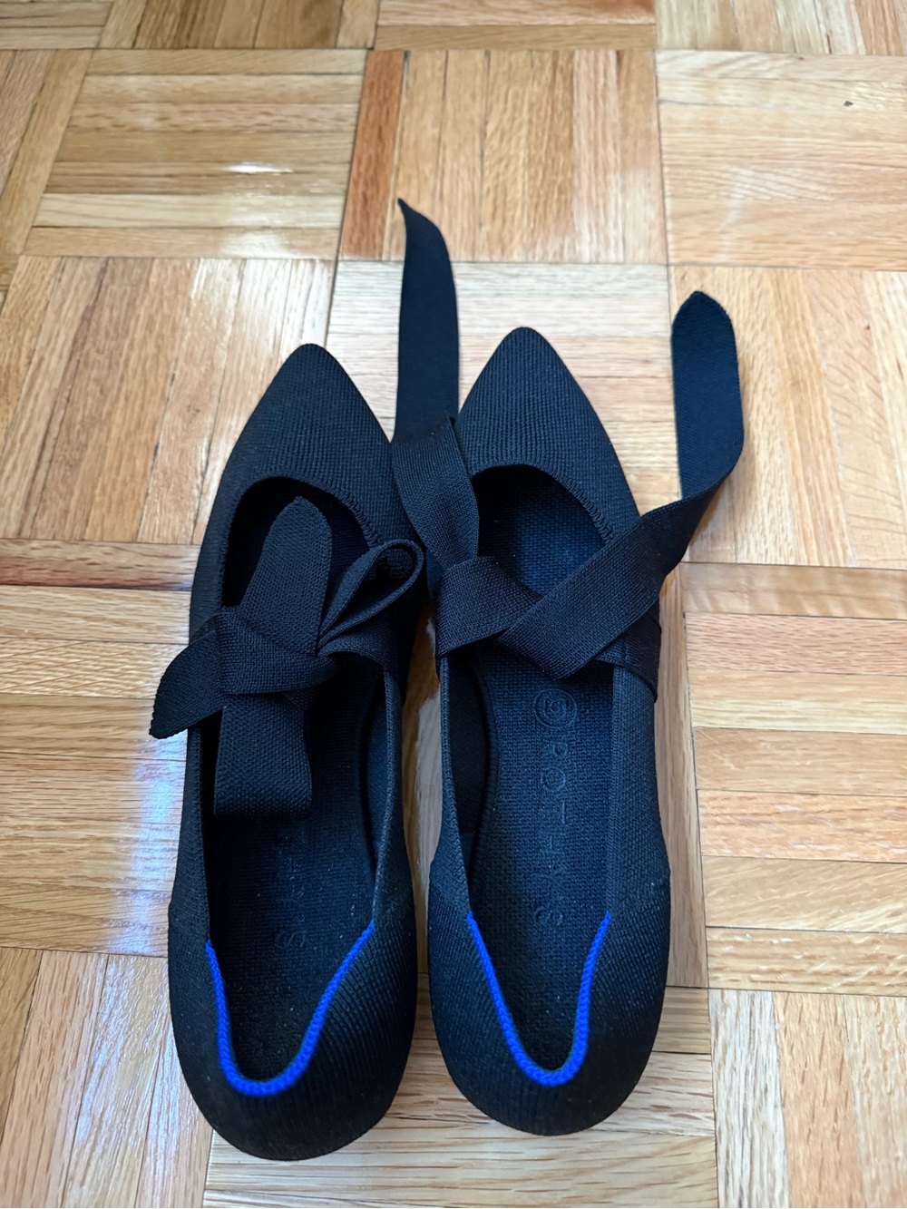 Rothy's Black Pointed Knit Flats with Bow Accent and Blue Trim - Picture 3 of 4
